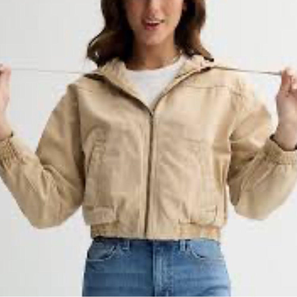 Forever 21 Beige Cropped Hooded Jacket Plaid Lining Size L